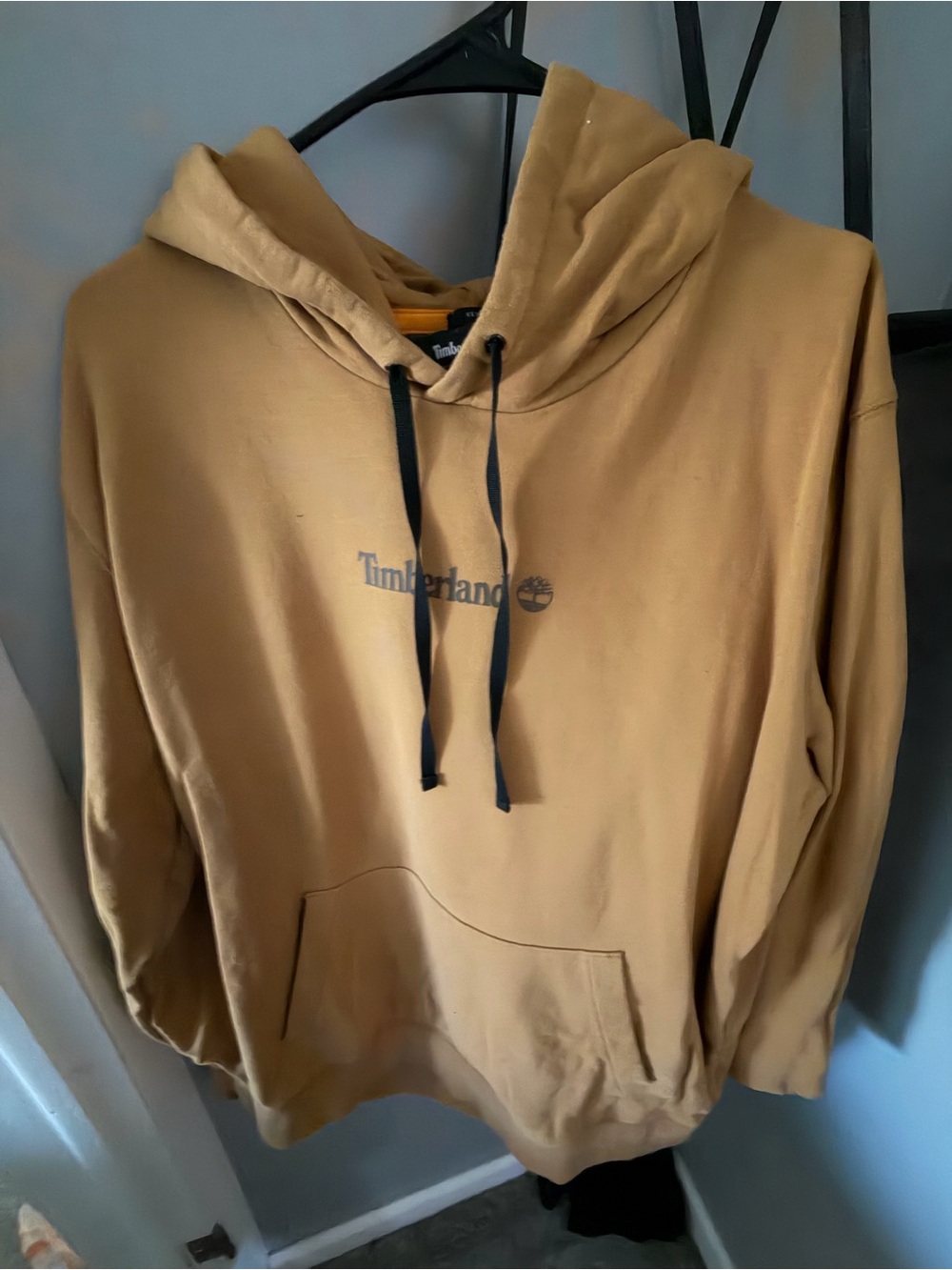 Timberland Men's Mustard Tan Pullover Hoodie with Black Drawstrings